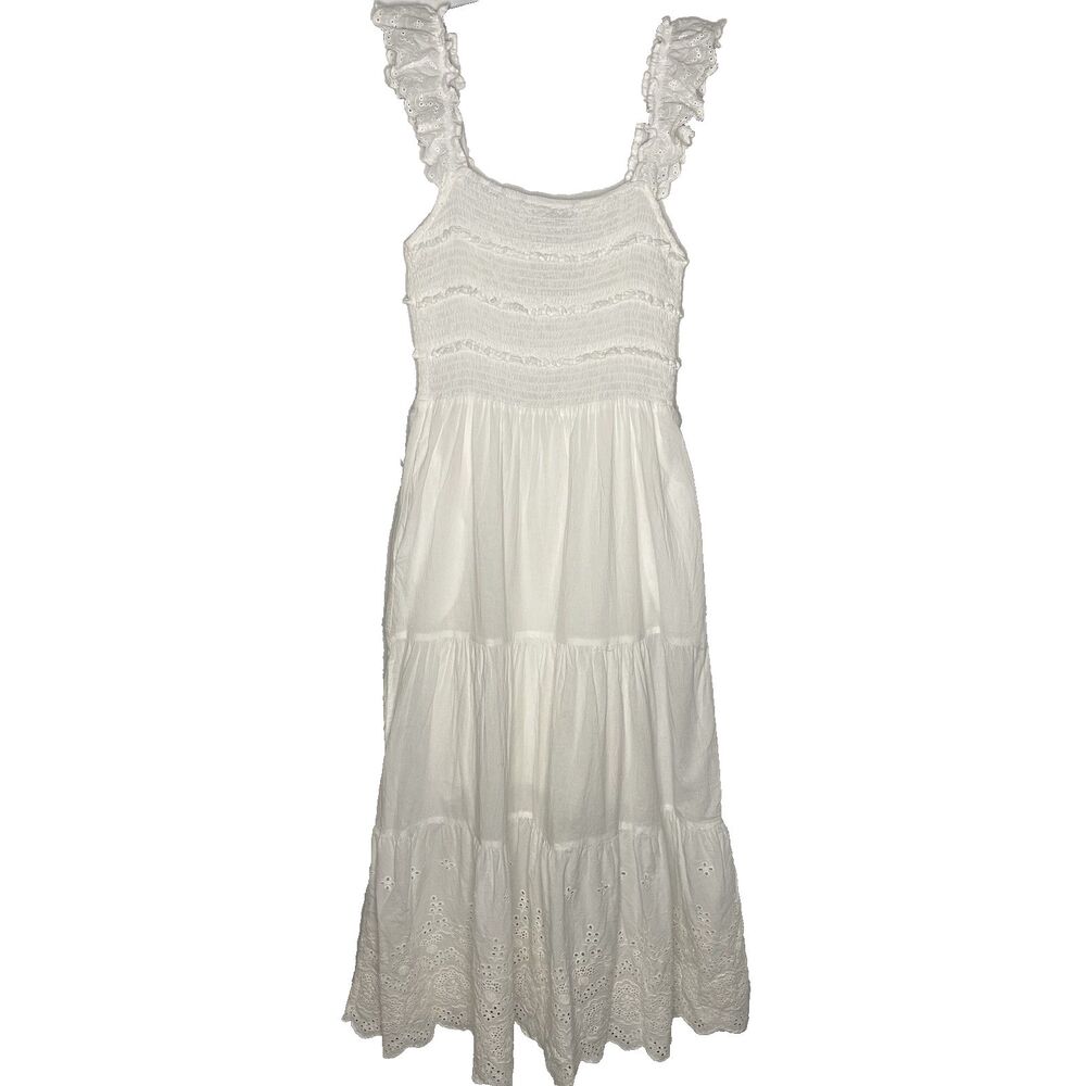 Hello Molly Tiered Eyelet Sundress Smocked Pockets Midi Boho Dress Women 4 White